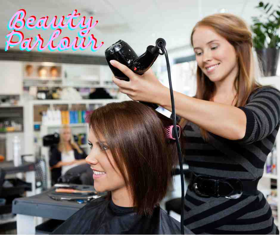 Housewife Paise Kaise Kamaye- A woman is styling another woman's hair by using a hair dryer in her beauty parlour.