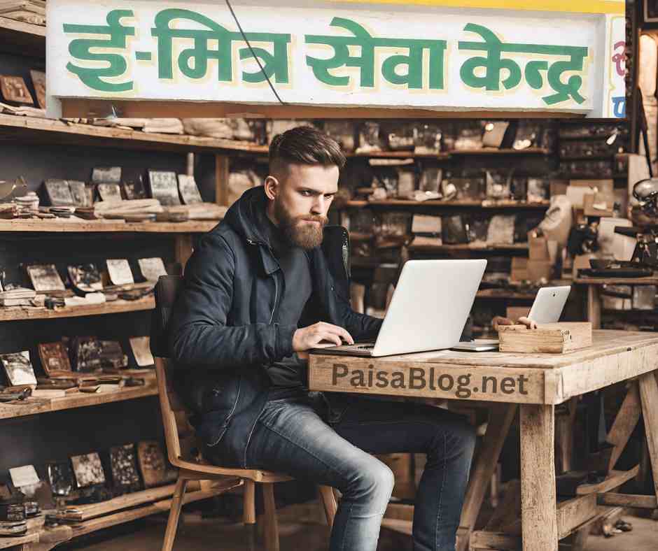 a man using laptop in e mitra shop, this is example of village business ideas in hindi