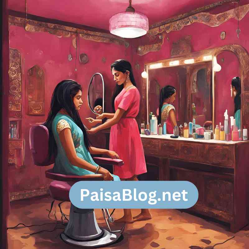 a women inbeauty parlour doind makeupto another women. mahilion ke liye gaon me business idea