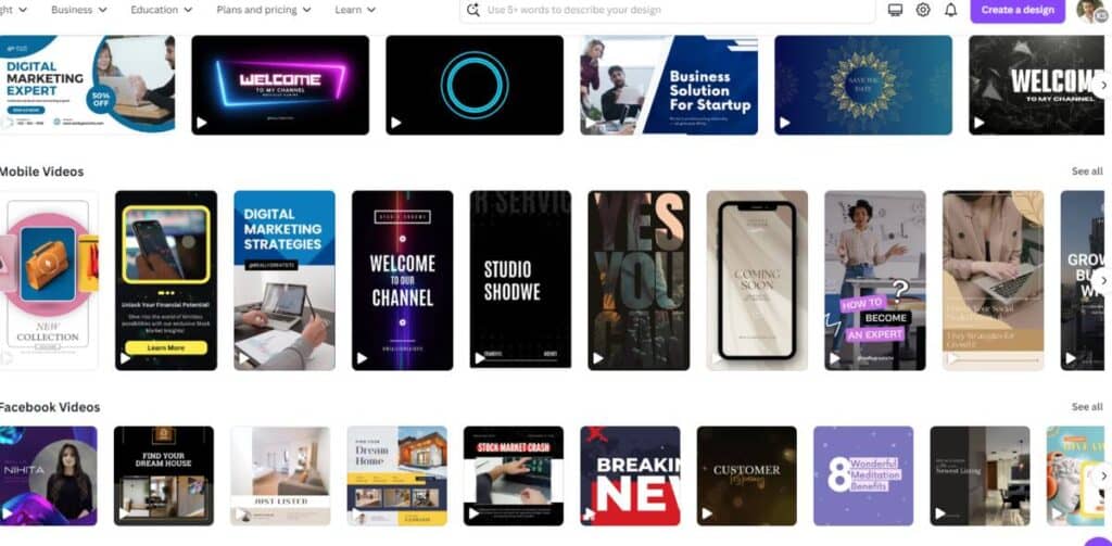 Canva video templates page's screenshot, (canva se paise kamaane ke tarike)